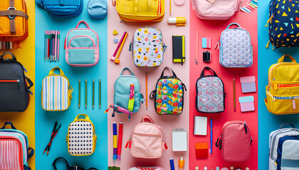Different school backpacks with stationery on colorful background, top view