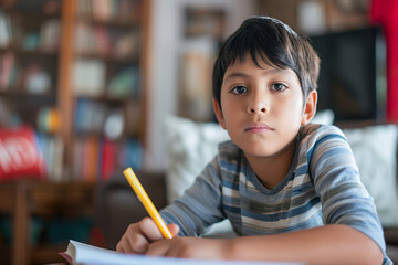 Hispanic 8 year old boy doing homework, concentrating on studies