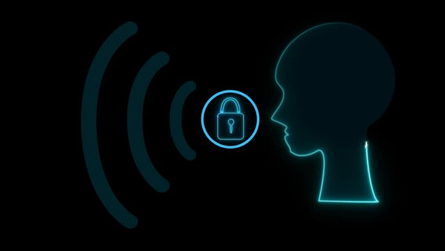 a digital human head outline in blue, with sound waves and a lock icon nearby. voice recognition or security.