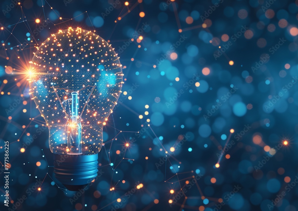 Poster abstract light bulb made of glowing dots and lines on blue background, technology concept for digita