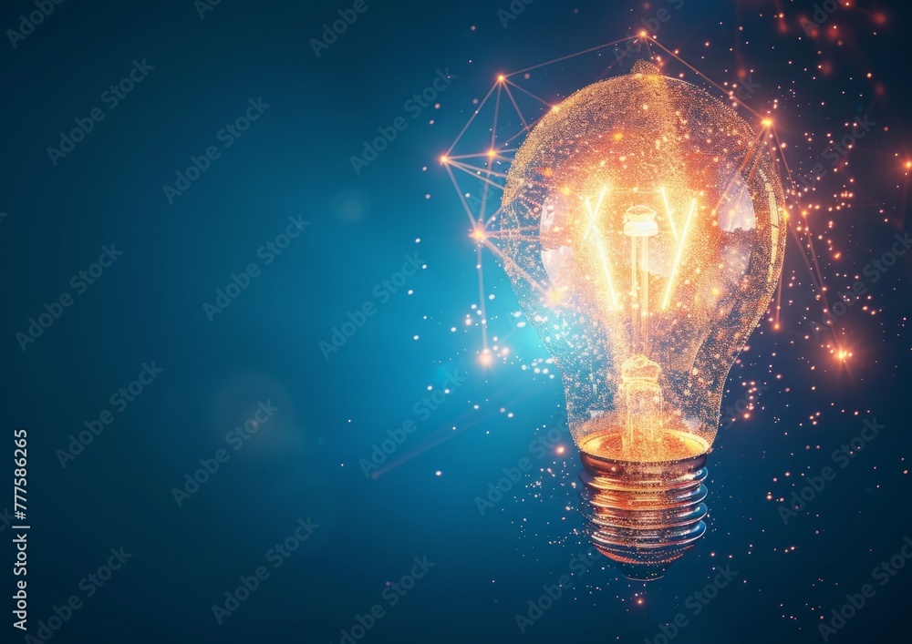 Poster abstract light bulb made of glowing particles on blue background, concept for technology and innovat