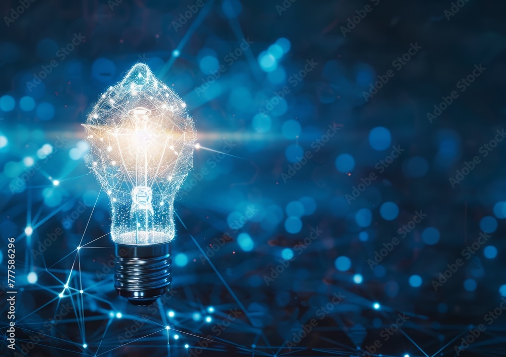 Poster abstract light bulb made of glowing dots and lines on blue background, technology concept for digita