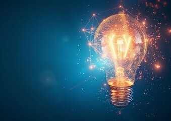 Abstract light bulb made of glowing particles on blue background, concept for technology and innovation in business or science with copy space area Generative AI