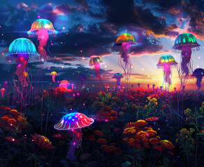 Fototapeta na wymiar photography of vibrant led lights colourful jellyfish flowers wide field landscape, chromatic whimsical landscape, sunset ambient