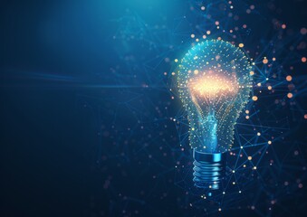 Abstract light bulb made of glowing dots on blue background, symbolizing innovation and creativity in technology industry Generative AI
