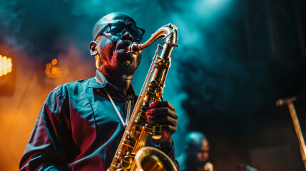 A man playing a saxophone on stage in front of a crowd. Scene is energetic and lively, as the man is performing in front of an audience - obrazy, fototapety, plakaty