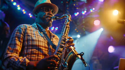 A man playing a saxophone on stage in front of a crowd. Scene is energetic and lively, as the man...