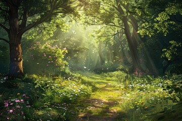 Obraz premium A forest with a path through it and flowers on the side