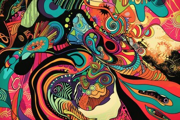 A colorful abstract painting with swirls and shapes