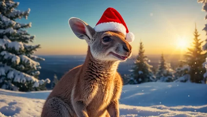 Fotobehang Cute kangaroo wearing Santa hat December © tanya78