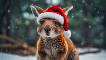 Cute kangaroo wearing Santa hat nature