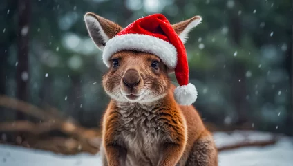 Gordijnen Cute kangaroo wearing Santa hat nature © tanya78