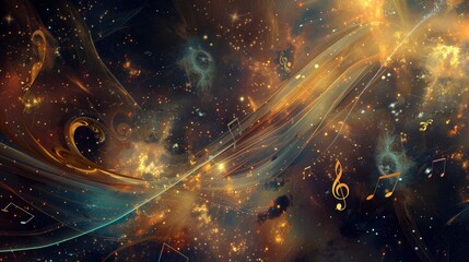 A colorful space scene with a long, curvy line of stars and a lot of music notes - obrazy, fototapety, plakaty