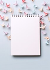 Blank notebook surrounded by colorful origami birds.
