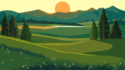 Morning view landscape. sky during sunrise, mountain valley backdrop vector - 777587047