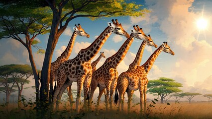 A realistic depiction of a group of giraffes grazing on tall trees in the African savannah