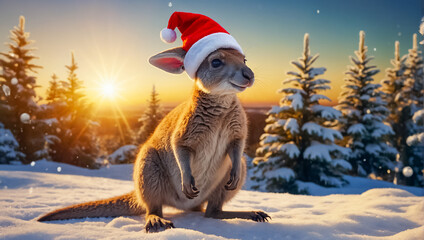 Cute kangaroo wearing Santa hat weather - obrazy, fototapety, plakaty