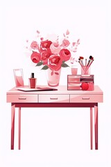 Pink vanity table with flowers and makeup.

