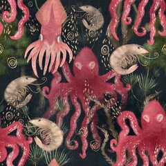 Underwater life: octopus, shrimp and algae. Seamless pattern on a dark background. Digital art. - 777587250