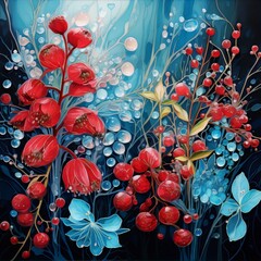 Vibrant red flowers and berries, deep blues and whites, a mystical floral scene.
