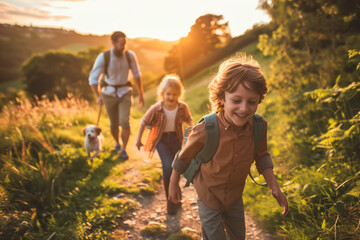 Happy family enjoying an outdoor adventure together, A joyful child leads a family hike along a countryside trail, bathed in the warm light.
