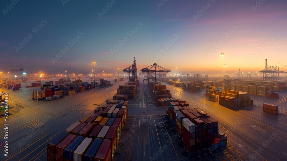 Poster panoramic sunset view over a busy container terminal with cranes