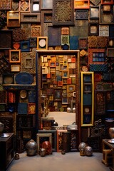 A wall of framed artifacts, creating a tunnel-like passage.
