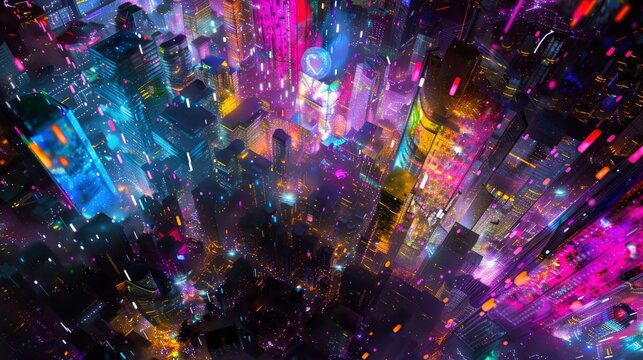 A cityscape with neon lights and a colorful sky