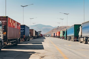 Line of cargo trucks parked in a row on a sunny day with clear blue sky - obrazy, fototapety, plakaty