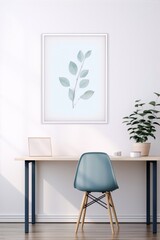 Minimalist botanical illustration of eucalyptus leaves in a white frame on a white wall above a blue chair and a desk with a potted plant and an empty frame on it.