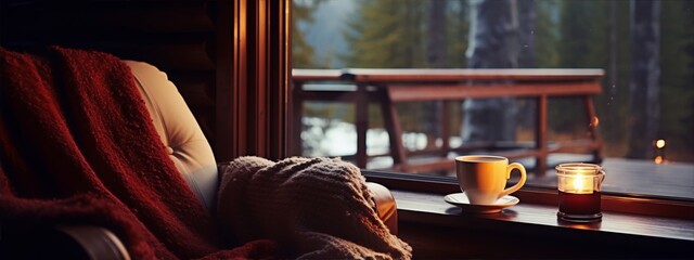 Cozy scene by the window, warm blanket.