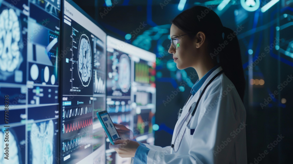 Poster a woman in a white lab coat is looking at a computer screen with a tablet in her hand. she is lookin