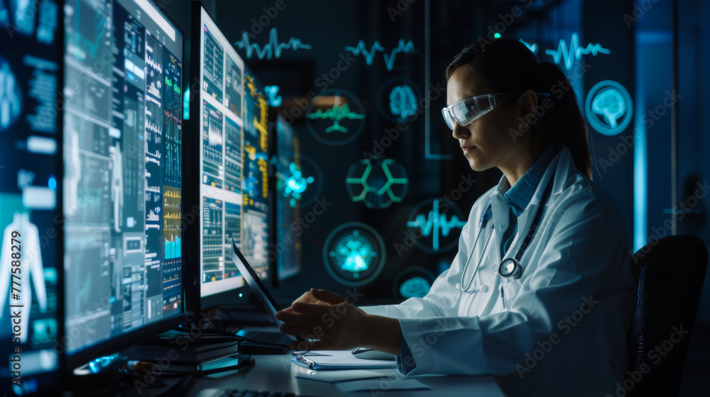 Poster a woman in a white lab coat is looking at a computer screen with a tablet in her hand. she is lookin