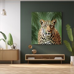 A stunning digital painting of a jaguar in a lush green jungle with a mid-century modern interior design style and art movement.