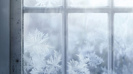Beautiful winter background with snowflakes on the window. Selective focus.
