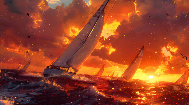 Sailboats silhouette against a dramatic ocean sunset, with golden light reflecting off turbulent waves