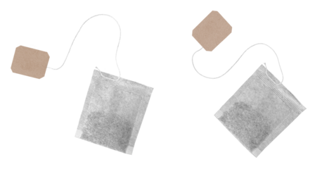 Organic green tea bags with blank tag, isolated on a transparent background