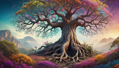 A majestic tree with vibrant, multicolored foliage stands at the heart of a fantastical landscape, radiating a sense of magical realism.