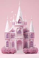 Fototapeta premium A pink and white 3D rendering of a fairytale castle with pink flowers in front of it.