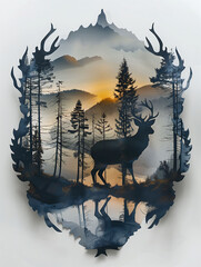 Sunset Reflections: Deer and Forest Paper Silhouette