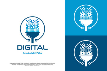 Digital cleaning vector logo template. This design use broom with data symbol, Suitable for technology.