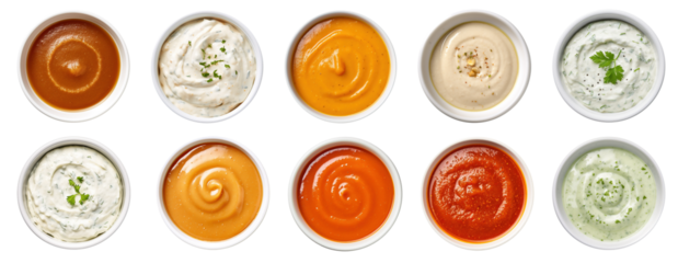 Variety of different dipping sauces in small bowls, view from above, isolated on a transparent background