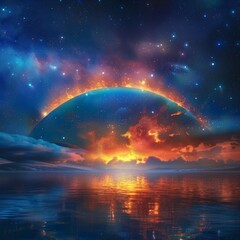brightly-colored rainbow on fire over a cool blue laguna photo starry sky background - obrazy, fototapety, plakaty