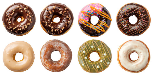 Variety of different flavored donuts, isolated against a transparent background, top down view