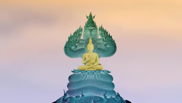 gold buddha protected by the hood of the mythical king naga negative colorful background