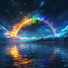 Foto op Canvas brightly-colored rainbow on fire over a cool blue laguna photo starry sky background © Xabi