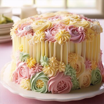 Buttercream floral birthday cake with pink, yellow and green flowers and rosettes