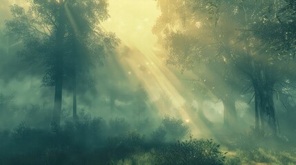 Sunbeams filtering through the misty morning fog, casting an ethereal glow over a tranquil forest clearing. - obrazy, fototapety, plakaty