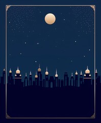Silhouette city at night, mosques under a full moon.
