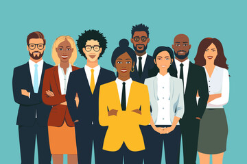 Diverse team of businessmen and businesswomen from various backgrounds collaborate harmoniously, embodying the principles of workplace diversity, inclusion, and equal opportunity  - obrazy, fototapety, plakaty